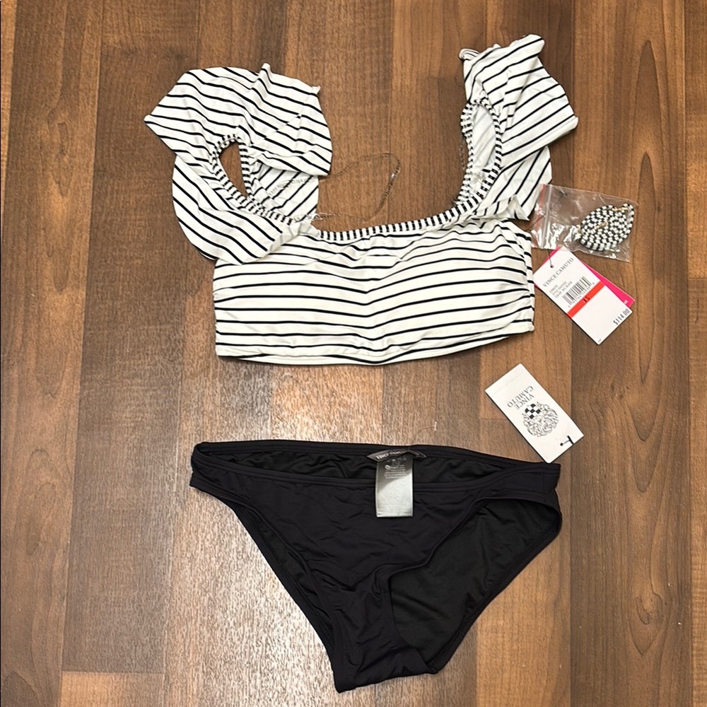 Vince Camuto Black & White Striped Ruffle Sleeve Bikini